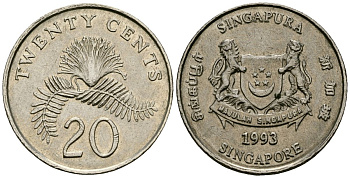 Сингапур 20 центов 1993 KM 101 медно-никель 4138-537