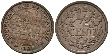 Нидерланды 1/2 цента 1928 Вильгельмина (1890-1948) KM 138 бронза 4588-949