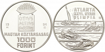 Венгрия 1000 форинтов 1994 XXVI Олимпийские игры в Атланте, плавание KM 712 серебро PROOF 02-039-15