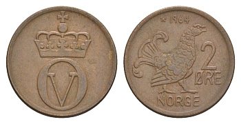 Норвегия 2 эре 1964 Улаф V (1957-1991) KM 410 бронза 4635-342