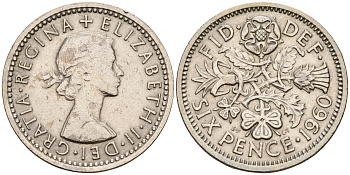 Великобритания 6 пенсов 1960 Елизавета II (1952-2022) KM 903, Spink 4149 медно-никель    4152-1169