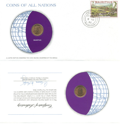 Маврикий 1 цент 1975 КОНВЕРТ С МАРКОЙ ПЕРВОГО ДНЯ ГАШЕНИЯ, COINS OF NATIONS KM 31 бронза UNC 4294-65-3