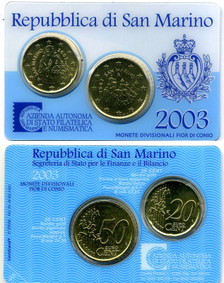Сан-Марино набор из 2 монет 20 И 50 евроцентов 2003 в оригинальном буклете, запайка в пластик латунь UNC 3-4-3-50