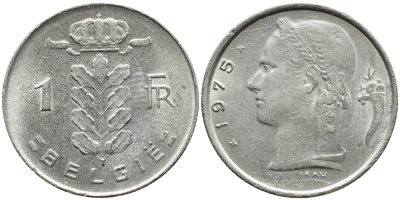 Бельгия 1 франк 1975 Belgie, Бодуэн I (1951-1993) KM 143.1 медно-никель 4622-312