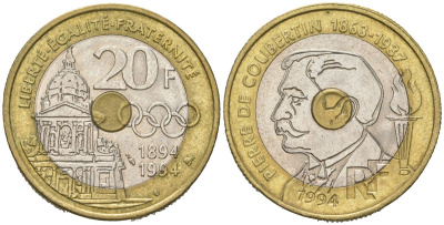 Франция 20 франков 1994 100 лет Международному олимпийскому комитету KM 1036, Le Franc 405 биметалл aUNC 4599-723