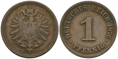 Германия 1 пфенниг 1876 C, Вильгельм I (1871-1888) KM 1, J. 1 медь 4136-1267