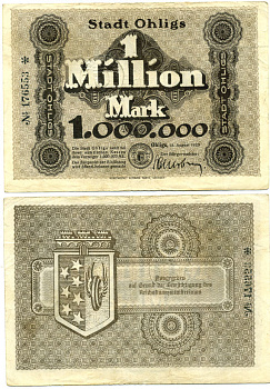 ОЛИГС 1000000 МАРОК 1923 НОТГЕЛЬД, 15 АВГУСТА 1923, РАЙОН ГОРОДА ЗОЛИНГЕН бумага 2192-72-1