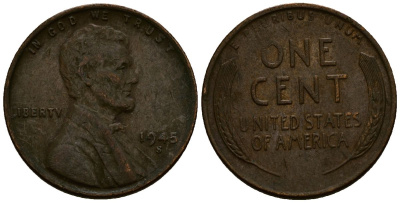 США 1 цент 1945 Линкольн, S KM A132 медь цинк 4164-846