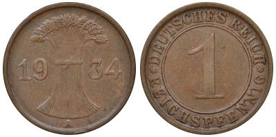Германия 1 рейхспфенниг 1934 A KM 37, J. 313 бронза 4124-127