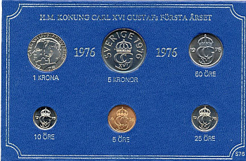 Швеция набор монетного двора из 6 монет 1976 в картоне, Карл XVI Густав (1973- ) KM MS4 UNC 7-5-7-219