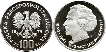Польша 100 злотых 1975 MW, Игнаций Ян Падеревский (1860-1941) KM 77, Parchimowicz 273 серебро PROOF 441-514