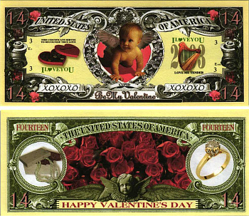 США 14 ФЕВРАЛЯ 2003 СУВЕНИРНАЯ БАНКНОТА, КУПИДОН, ДЕНЬ СВЯТОГО ВАЛЕНТИНА, ДЕНЬ ВСЕХ ВЛЮБЛЁННЫХ бумага UNC (ПРЕСС) 7198-39-4-1