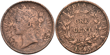 Стрейтс-Сетлментс 1 цент 1845 Виктория (1837-1901), Ост-Индская компания KM 3 медь 4590-215
