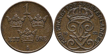 Швеция 1 эре 1938 Густав V (1907-1950) KM 777.2 бронза 201-1136