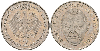ФРГ 2 марки 1989 F, Людвиг Эрхард, 40 лет Федеративной Республике KM 170 медно-никель 4572-1125