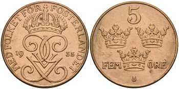Швеция 5 эре 1935 Густав V (1907-1950), в лаке KM 779.2 бронза 4557-625