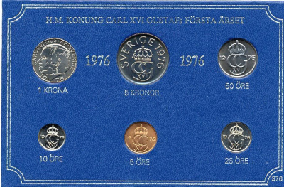 Швеция набор монетного двора из 6 монет 1976 в картоне, Карл XVI Густав (1973- ) KM MS4 UNC 7-5-7-219