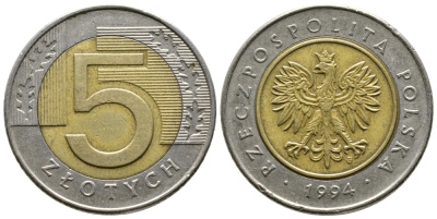 Польша 5 злотых 1994 MW KM 284 биметалл 93-1145