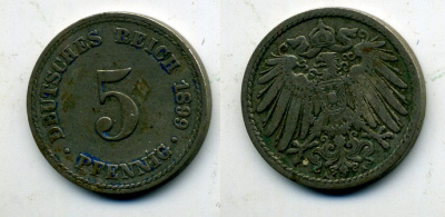 ГЕРМАНИЯ 5 ПФЕННИГОВ 1899 A, KM 11, J. 12 медно-никель 58-422