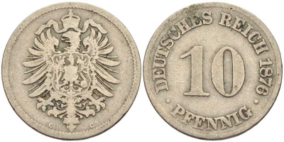 ГЕРМАНИЯ 10 ПФЕННИГОВ 1876 C, СТАРОГЕРБОВКА KM 4, J. 4 медно-никель 4401-311