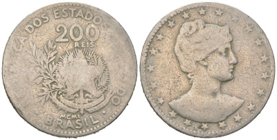 Бразилия 200 реалов 1901 MCMI, голова свободы вправо KM 504 медно-никель 4612-134