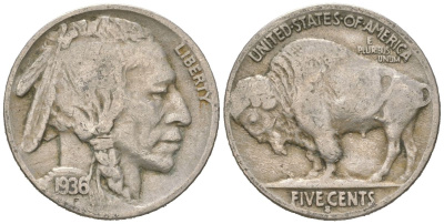 США 5 центов 1936 S, индеец, бизон KM 134 медно-никель 4614-1249