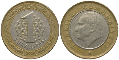 Турция 1 лира 2009 Кемаль Ататюрк KM 1244 биметалл 4561-852