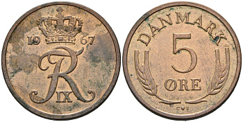 Дания 5 эре 1967 Фредерик IX (1947-1972) KM 848 бронза 4571-332
