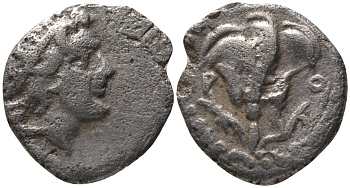 Древняя Греция, Кария, о-в Родос тригемиобол (1,5 обола) 166-88 гг. до н.э. голова Гелиоса / Р О, роза, 0,63 гр SNG COP. 849 серебро 1073-9-37