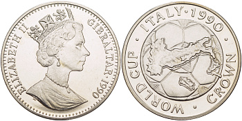 Гибралтар 1 крона 1990 чемпионат мира по футболу в Италии 1990 года, карта Италии на фоне футбольного мяча KM 34 медно-никель BUNC 00-00-00