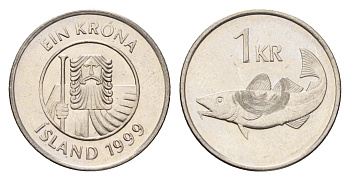 Исландия 1 крона 1999 треска KM 27a сталь плакированная никелем UNC 4674-646