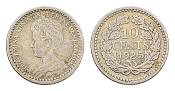 Нидерланды 10 центов 1925 Вильгельмина (1890-1948) KM 145 серебро 44-1131