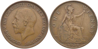 Великобритания 1 пенни 1936 Георг V (1910-1936) KM 838, Spink 4055 бронза 115-323