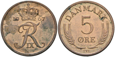 Дания 5 эре 1967 Фредерик IX (1947-1972) KM 848 бронза 4571-332