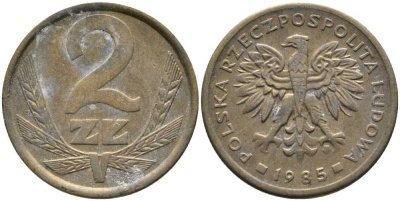 ПОЛЬША 2 ЗЛОТЫХ 1985 MW KM 80.1 латунь 110-912