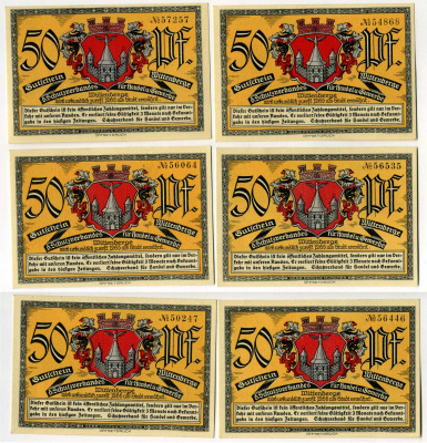 Германия, Виттенберге лот из 6 банкнот по 50 пфеннигов ND (1921) Архитектура Mehl Grabowski 1444.1 бумага UNC (пресс) 7555-14-3-1