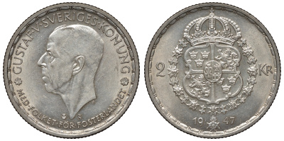 Швеция 2 кроны 1947 TS, Густав V (1907-1950) KM 815 серебро 1531-335