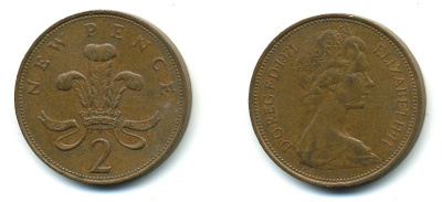 Великобритания 2 пенса 1971 Елизавета II (1952-2022) КМ 916, Spink 4235 (C1) бронза 4110-612