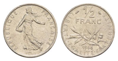 Франция 1/2 франка 1968 сеятель KM 931.1, Le Franc 198.7 никель 4630-419