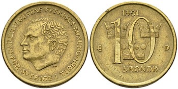 Швеция 10 крон 1991 D, Карл XVI Густав (1973- ) KM 877 медь алюминий цинк 4592-146