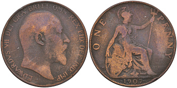 Великобритания 1 пенни 1907 Эдуард VII (1901-1910) KM 794.2, Spink 3990 бронза 4557-941