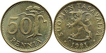 ФИНЛЯНДИЯ 50 ПЕННИ 1981 К KM 48 алюминиевая бронза 4364-3051