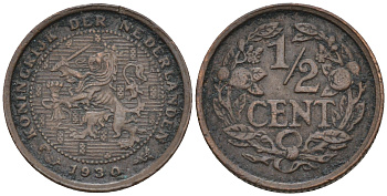 Нидерланды 1/2 цента 1930 Вильгельмина (1890-1948) KM 138 бронза    4169-241