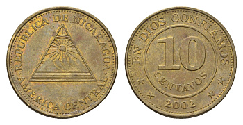 Никарагуа 10 сентаво 2002 год-тип KM 98 сталь плакированная латунью 4664-628