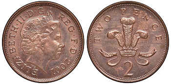 Великобритания 2 пенса 2001 Елизавета II (1952-2022) KM 987, Spink 4690 (C5) сталь плакированная медью 3334-913
