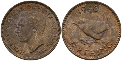 Великобритания 1 фартинг 1946 Георг VI (1936-1952) KM 843, Spink 4116 бронза 4154-1018