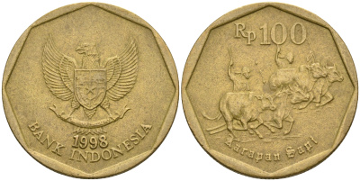 Индонезия 100 рупий 1998 гонки на быках KM 53 алюминиевая бронза 4364-2952