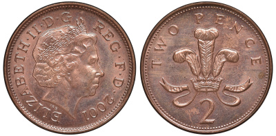 Великобритания 2 пенса 2001 Елизавета II (1952-2022) KM 987, Spink 4690 (C5) сталь плакированная медью 3334-913