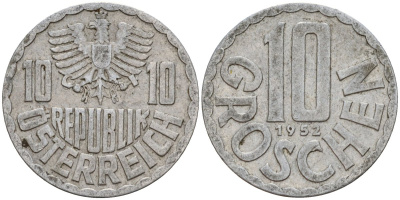 Австрия 10 грошей 1952 KM 2878 алюминий 4142-1022
