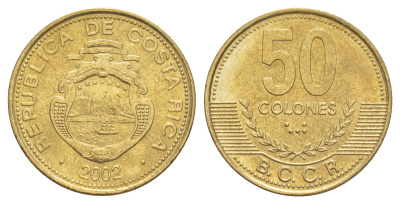Коста-Рика 50 колонов 2002 KM 231.1a алюминиевая бронза UNC 4642-934